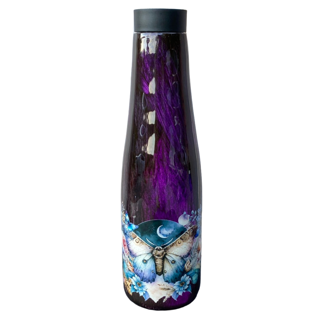 Hand Painted Moon Moth Swirl Stainless Push Top Bottle - 30 Oz