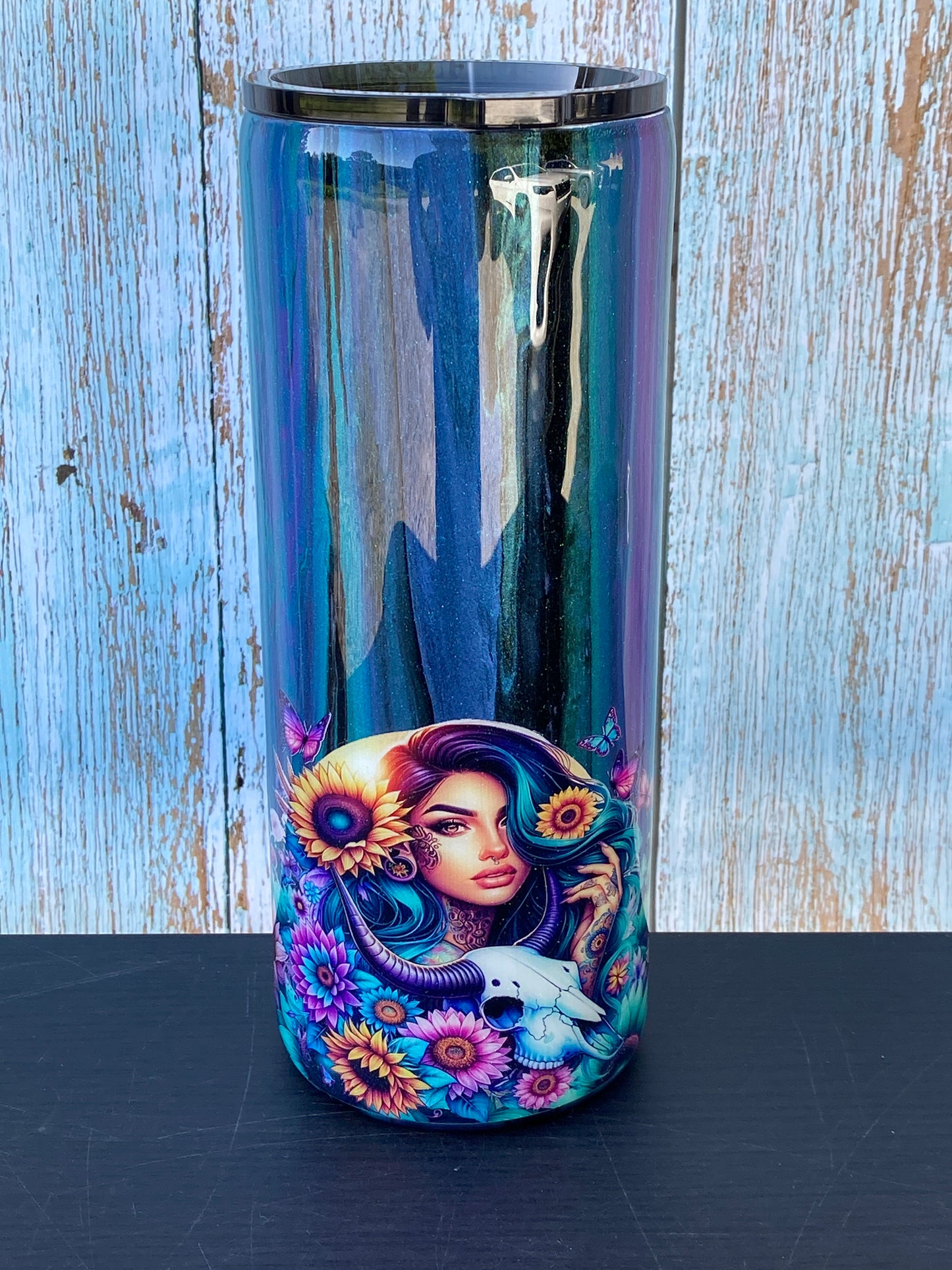 Hand Painted Teal Purple Stainless Fatty Tumbler w/Sliding Lid and Straw- 30 Oz