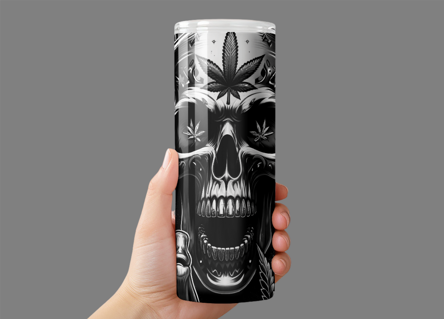 Skull 420 Gray Skinny Tumbler w/Sliding Lid and Straw- 20 Oz
