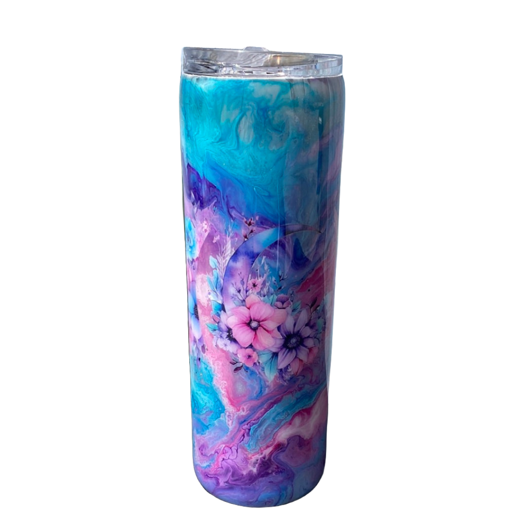 Custom Painted Purple Floral Stainless Skinny Tumbler w/Sliding Lid and Straw- 30 Oz