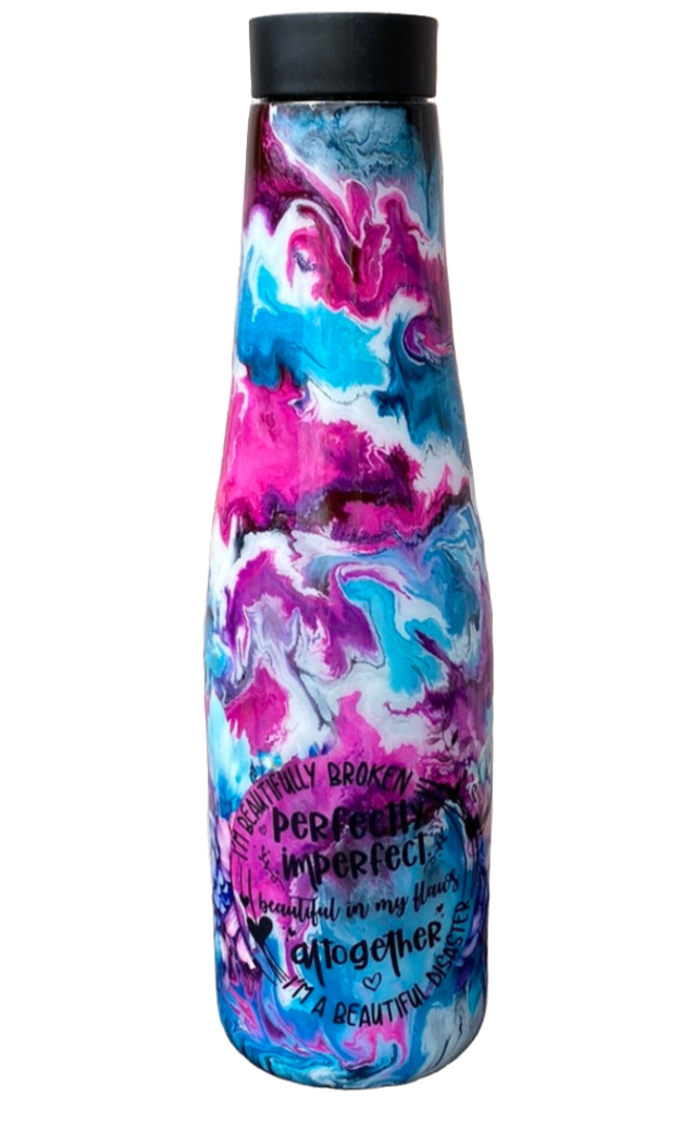 Hand Painted Teal Pink Floral Stainless Push Top Bottle - 30 Oz