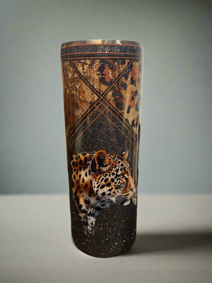 Custom Brown Cheetah Stainless Skinny Tumbler w/Sliding Lid and Straw- 20 Oz