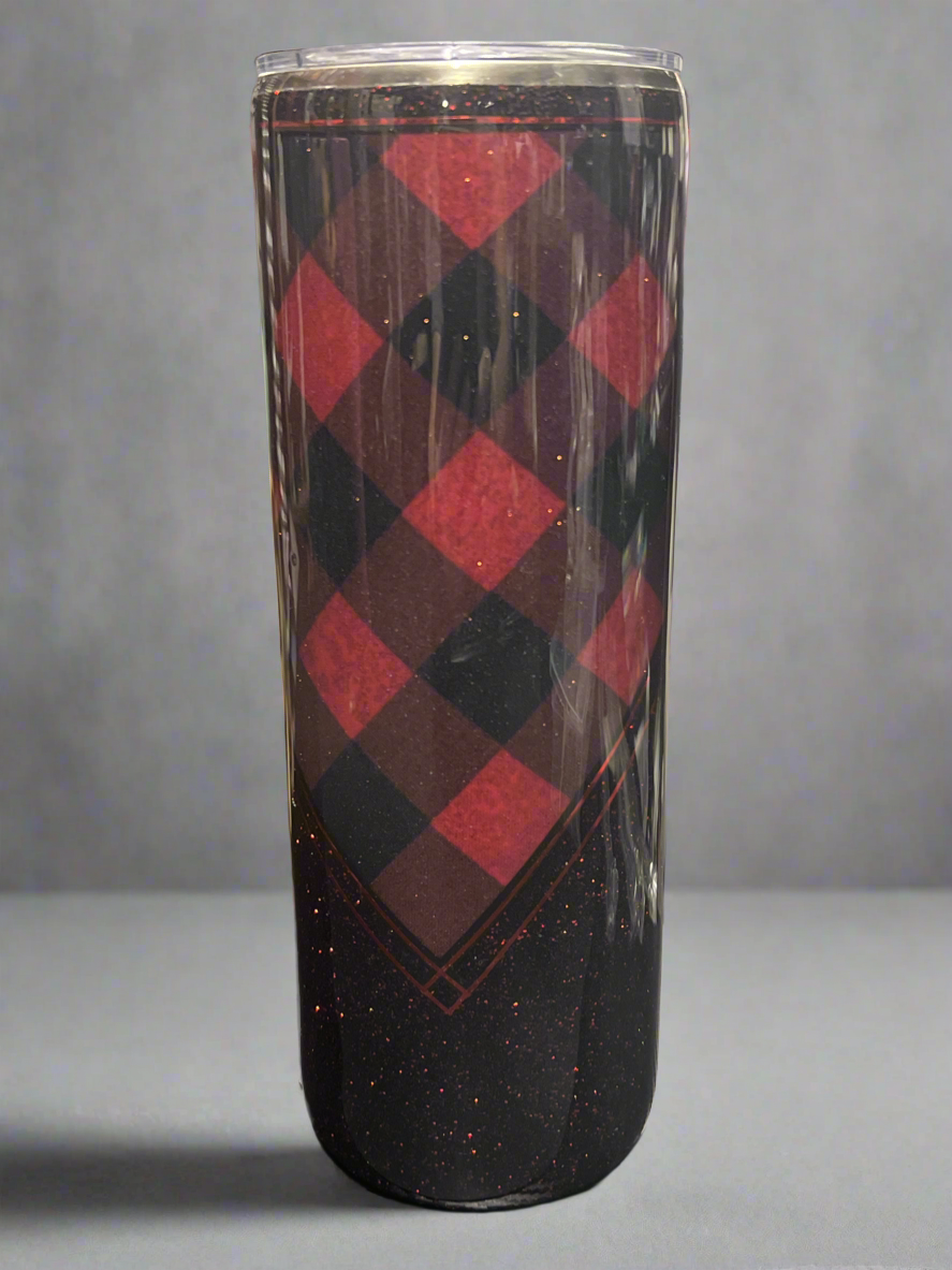Custom Red Plaid V Split Stainless Skinny Tumbler w/Sliding Lid and Straw- 20 Oz
