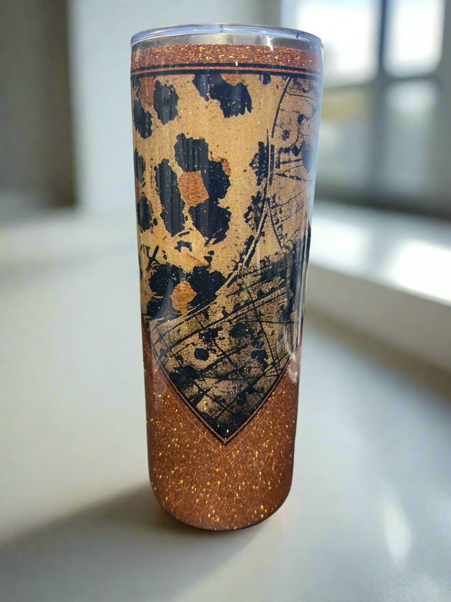 Custom Distressed Cheetah Cow Stainless Skinny Tumbler w/Sliding Lid and Straw- 20 Oz