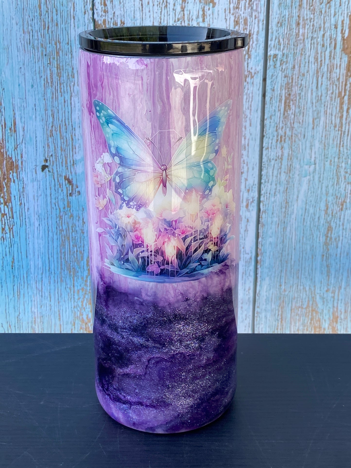Hand Painted Dark Pink Butterfly Stainless Fatty Tumbler w/Sliding Lid and Straw- 30 Oz