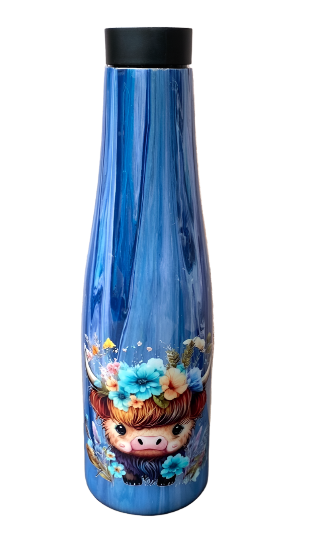 Hand Painted Blue Highland Cow Stainless Push Top Bottle - 30 Oz