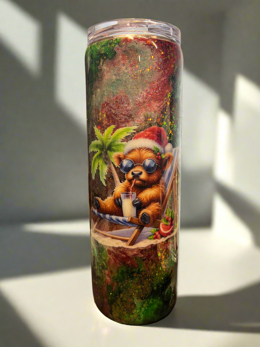 Custom Painted Red & Green Glitter Christmas Cow Stainless Fatty Tumbler w/Sliding Lid and Straw- 30 Oz