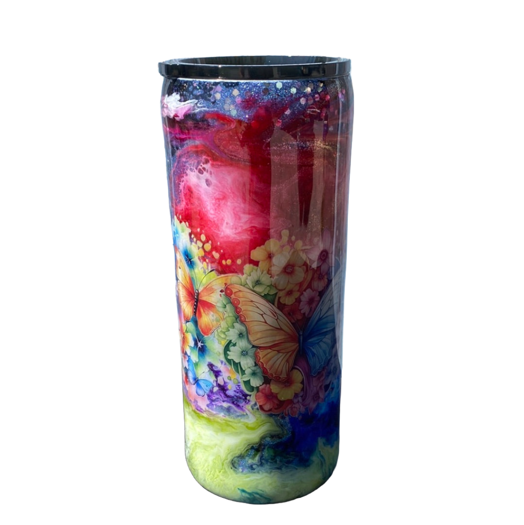 Hand Painted Color Swirl Butterflies Stainless Fatty Tumbler w/Sliding Lid and Straw- 30 Oz