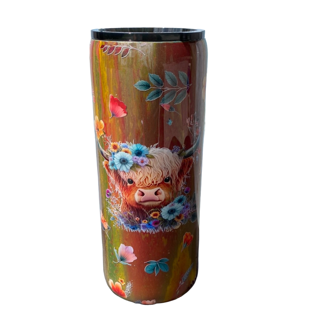 Hand Painted Brown Cow Stainless Fatty Tumbler w/Sliding Lid and Straw- 30 Oz