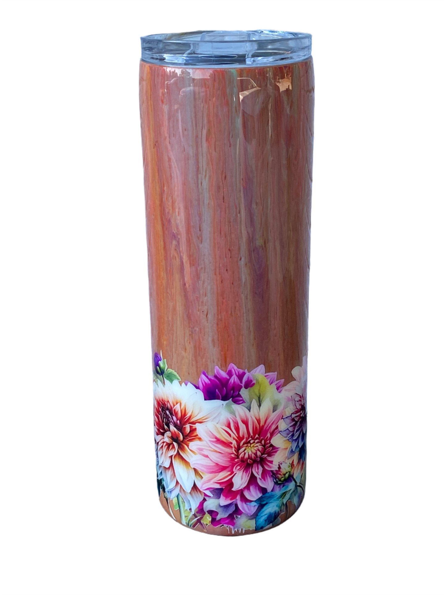 Custom Painted Mauve Swirl Floral Stainless Skinny Tumbler w/Sliding Lid and Straw- 30 Oz
