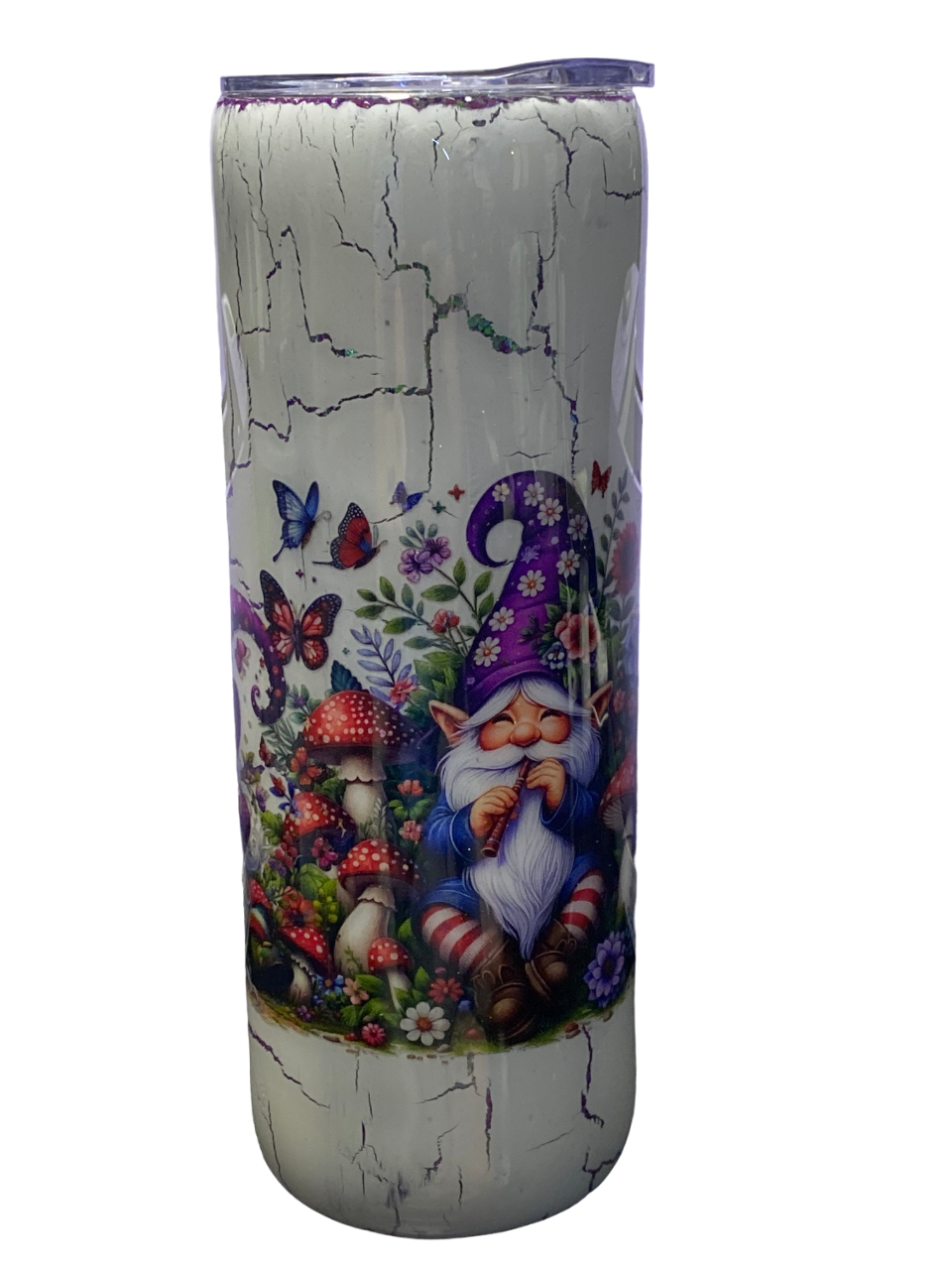 Custom Painted Gnome Crackle Stainless Skinny Tumbler w/Sliding Lid and Straw- 20 Oz