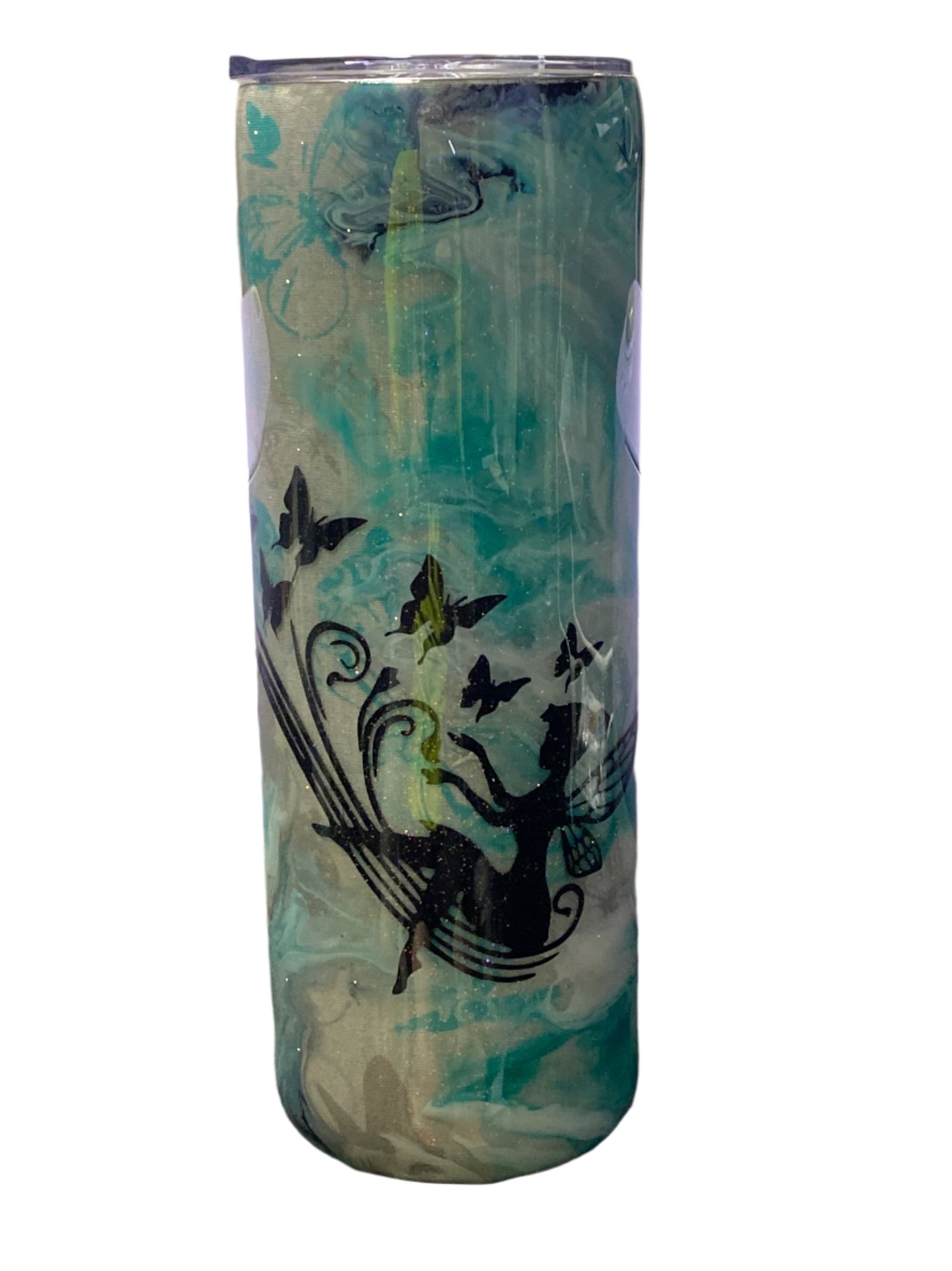 Custom Painted Butterfly Fairy Stainless Skinny Tumbler w/Sliding Lid and Straw- 20 Oz