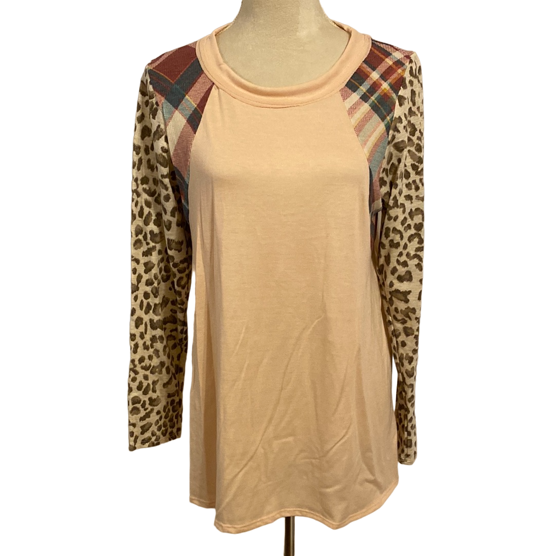 LONG SLEEVE ROUND NECK PLAID/ANIMAL PRINT TOP