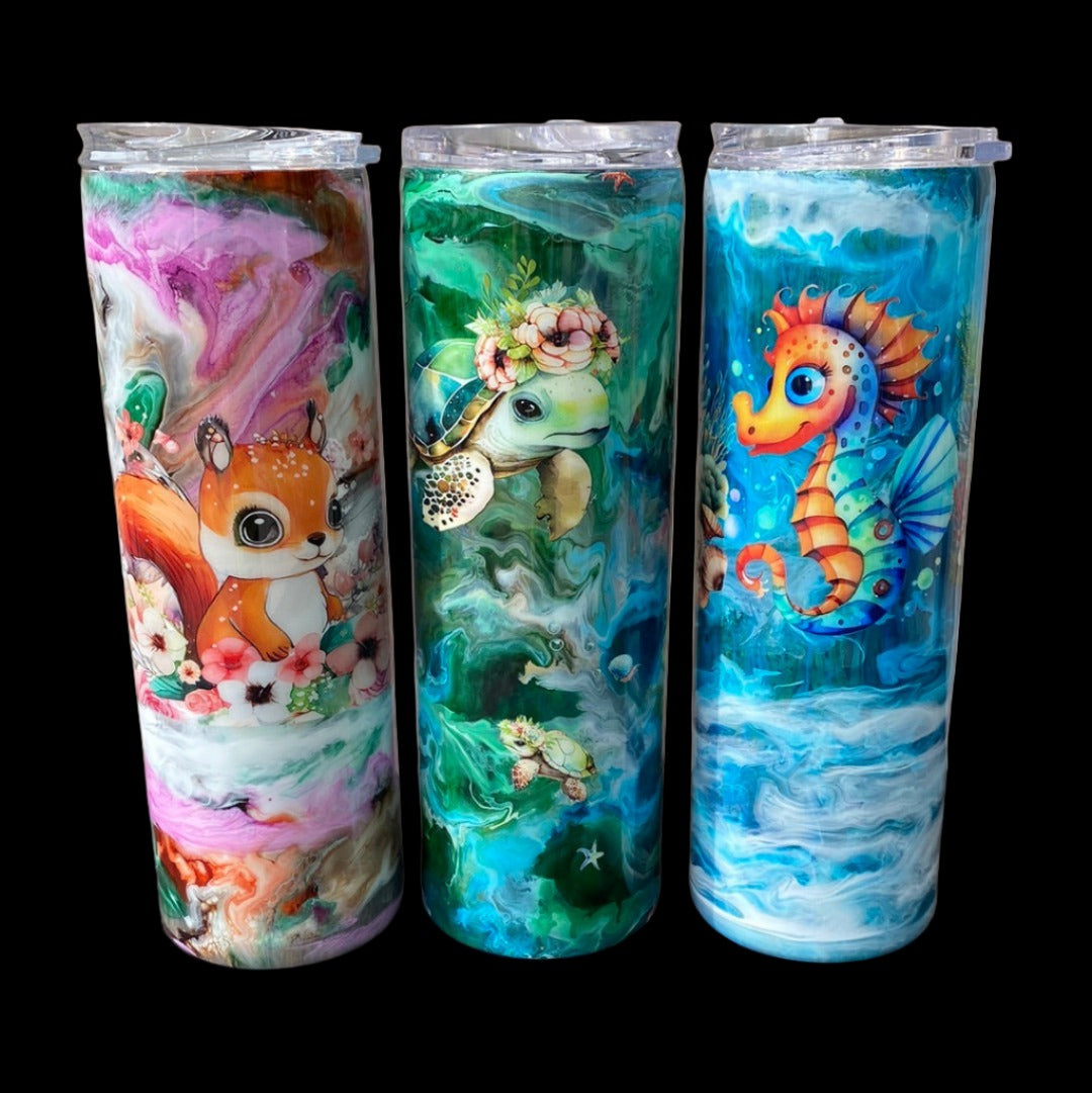Custom Painted Sea Horse Stainless Skinny Tumbler w/Sliding Lid and Straw- 30 Oz