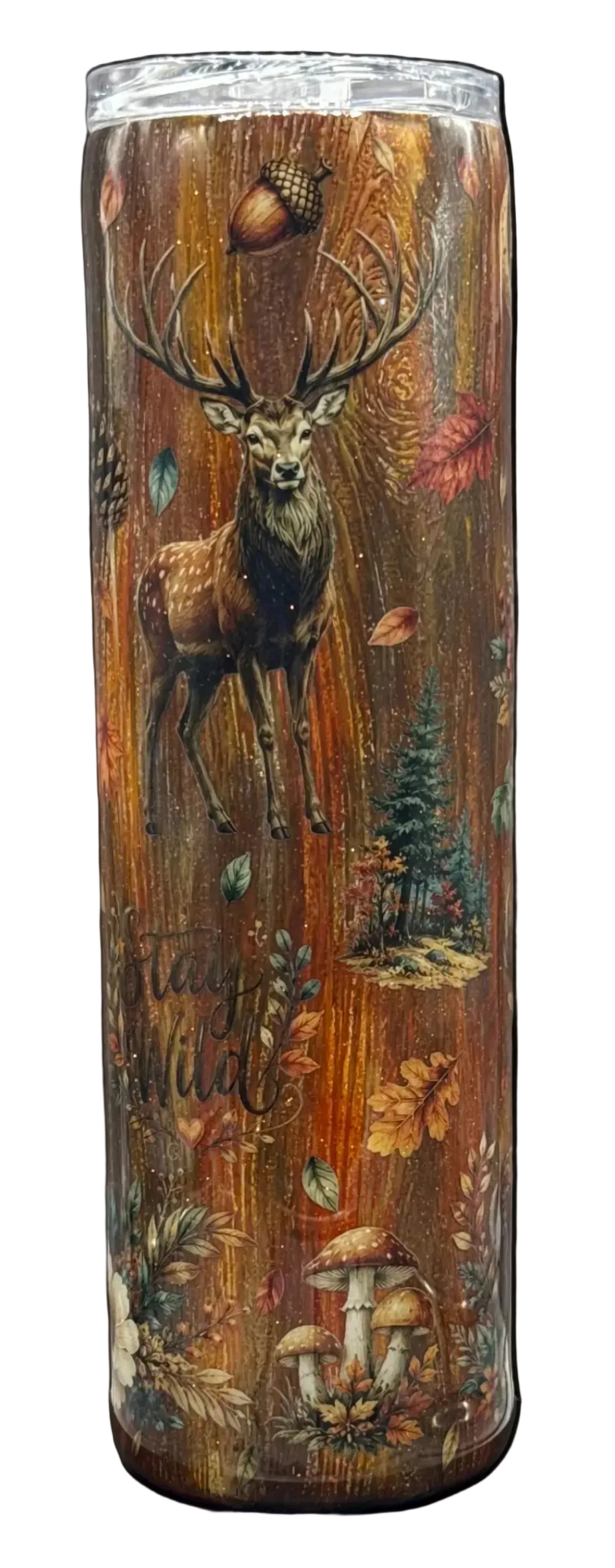 Custom Painted Stay Wild Woodland Fall Stainless Skinny Tumbler w/Sliding Lid and Straw- 35 Oz