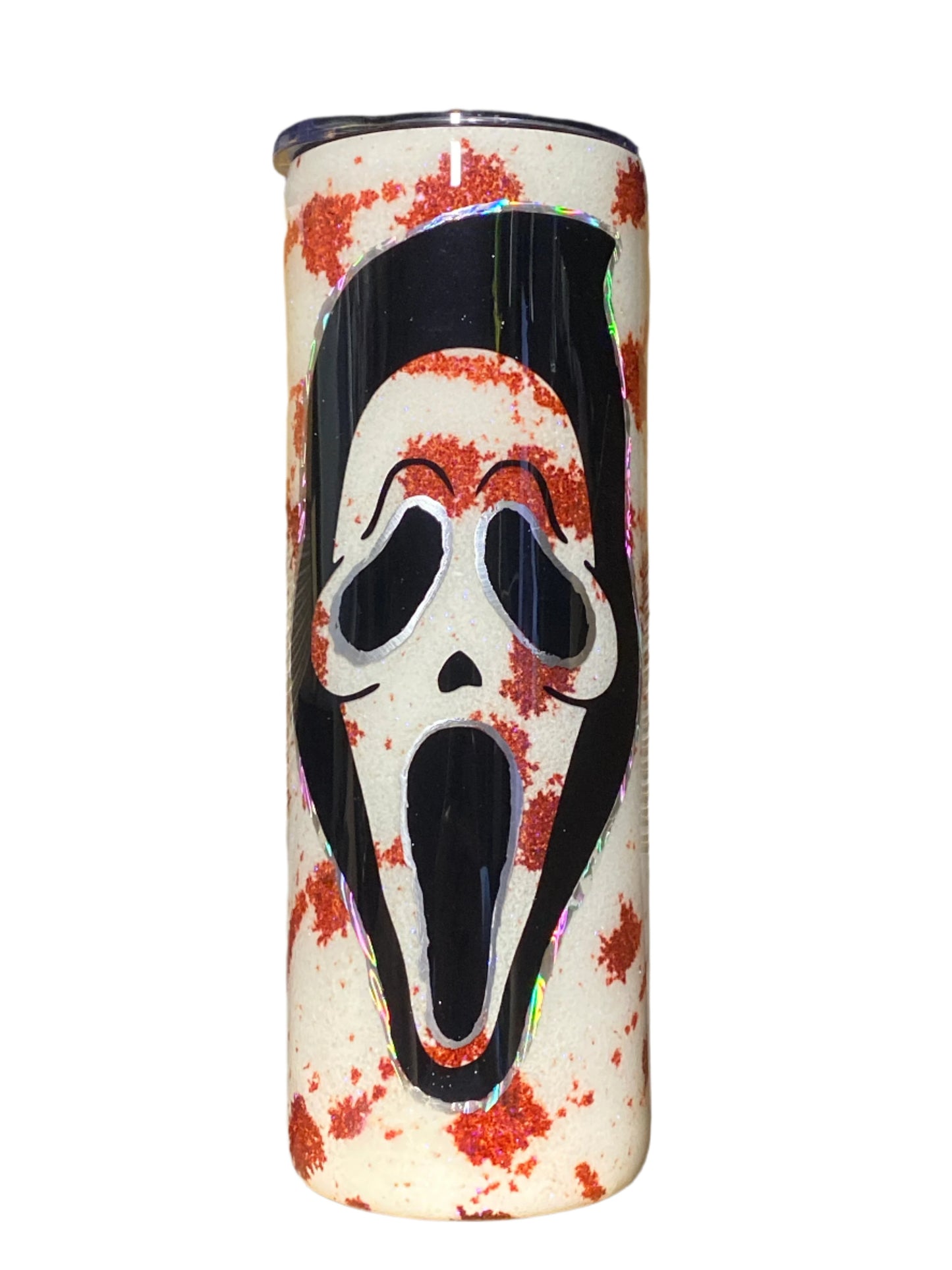 Custom Painted Halloween Mask Stainless Skinny Tumbler w/Sliding Lid and Straw- 20 Oz