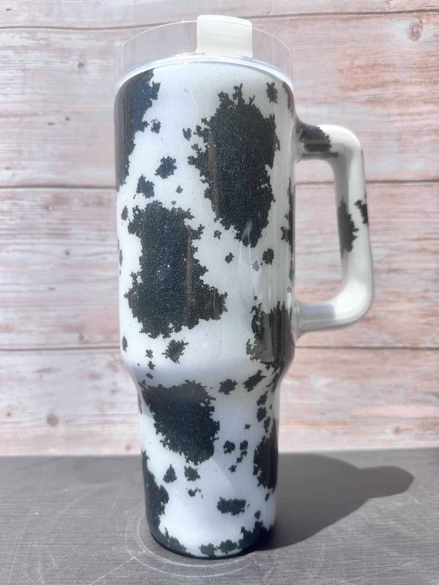Hand Painted Black Dark Green Cow Stainless Steel Traveler Tumbler - 40 Oz