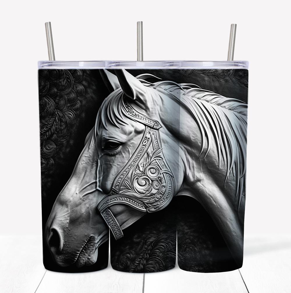 Horse White Leather Skinny Tumbler w/Sliding Lid and Straw- 20 Oz