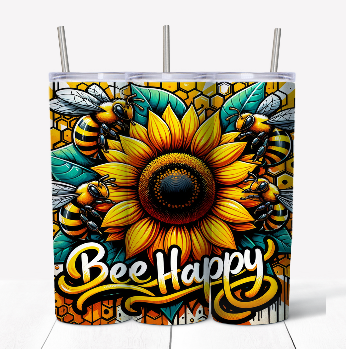 Bee Happy Skinny Tumbler w/Sliding Lid and Straw- 20 Oz