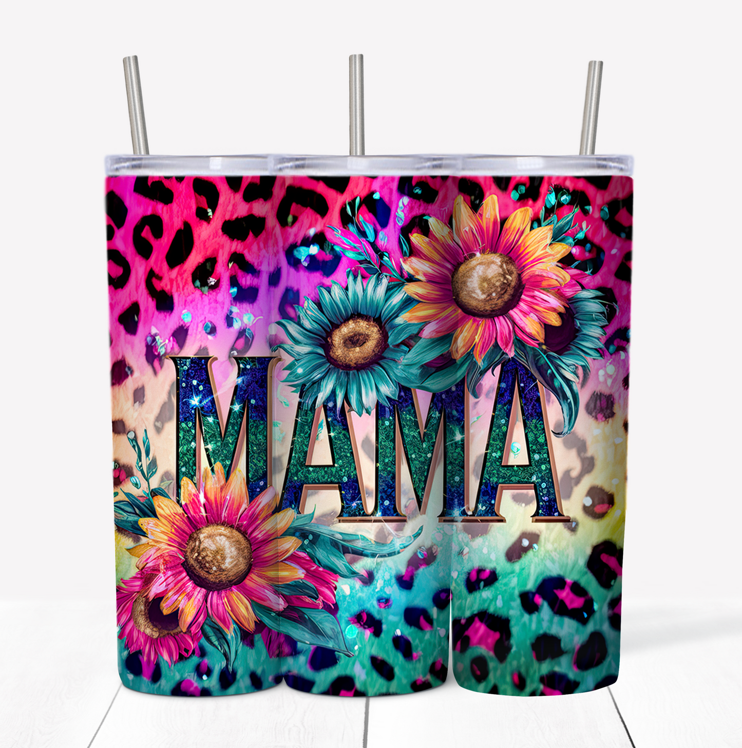 Mama Rainbow Sunflower Leopard Skinny Tumbler w/Sliding Lid and Straw