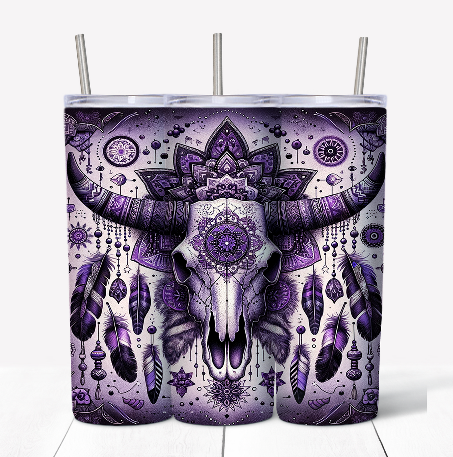 Purple Boho Cow Skinny Tumbler w/Sliding Lid and Straw- 20 Oz