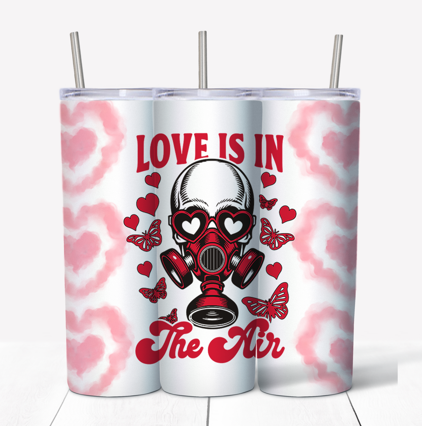 Valentines Skull Hearts Skinny Tumbler w/Sliding Lid and Straw- 20 Oz
