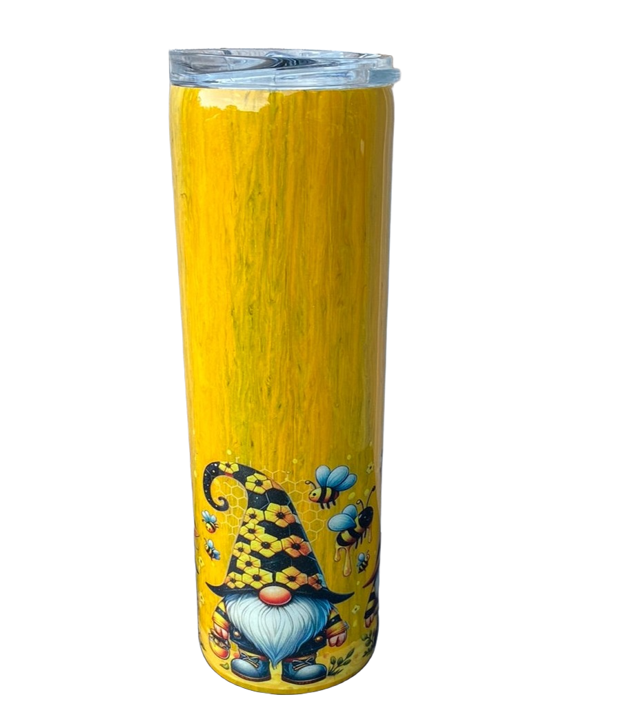 Custom Painted Bee Gnomes Stainless Skinny Tumbler w/Sliding Lid and Straw- 30 Oz