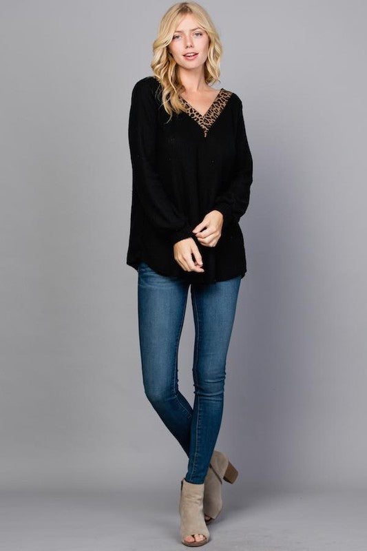 Solid Waffle Leopard Trim V Neck Long Sleeves Top