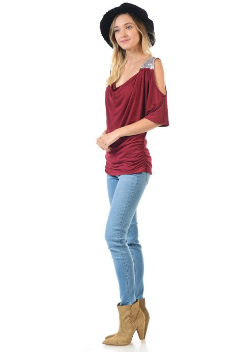 Sequin-Shoulder Cutout Top