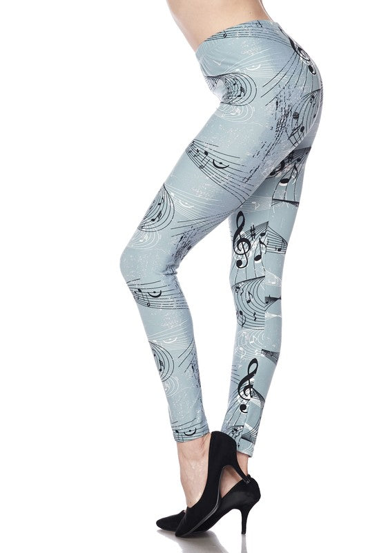 LIGHT BLUE MUSIC NOTES PRINT Brushed Ankle ONE SIZE Leggings