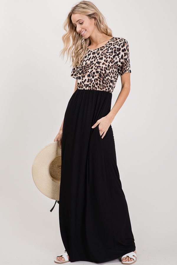 Short Sleeve Animal Print and Solid Contrast Maxi Dress with Side Pocket Short Sleeve Animal Print and Solid Contrast Maxi Dress with Side Pocket