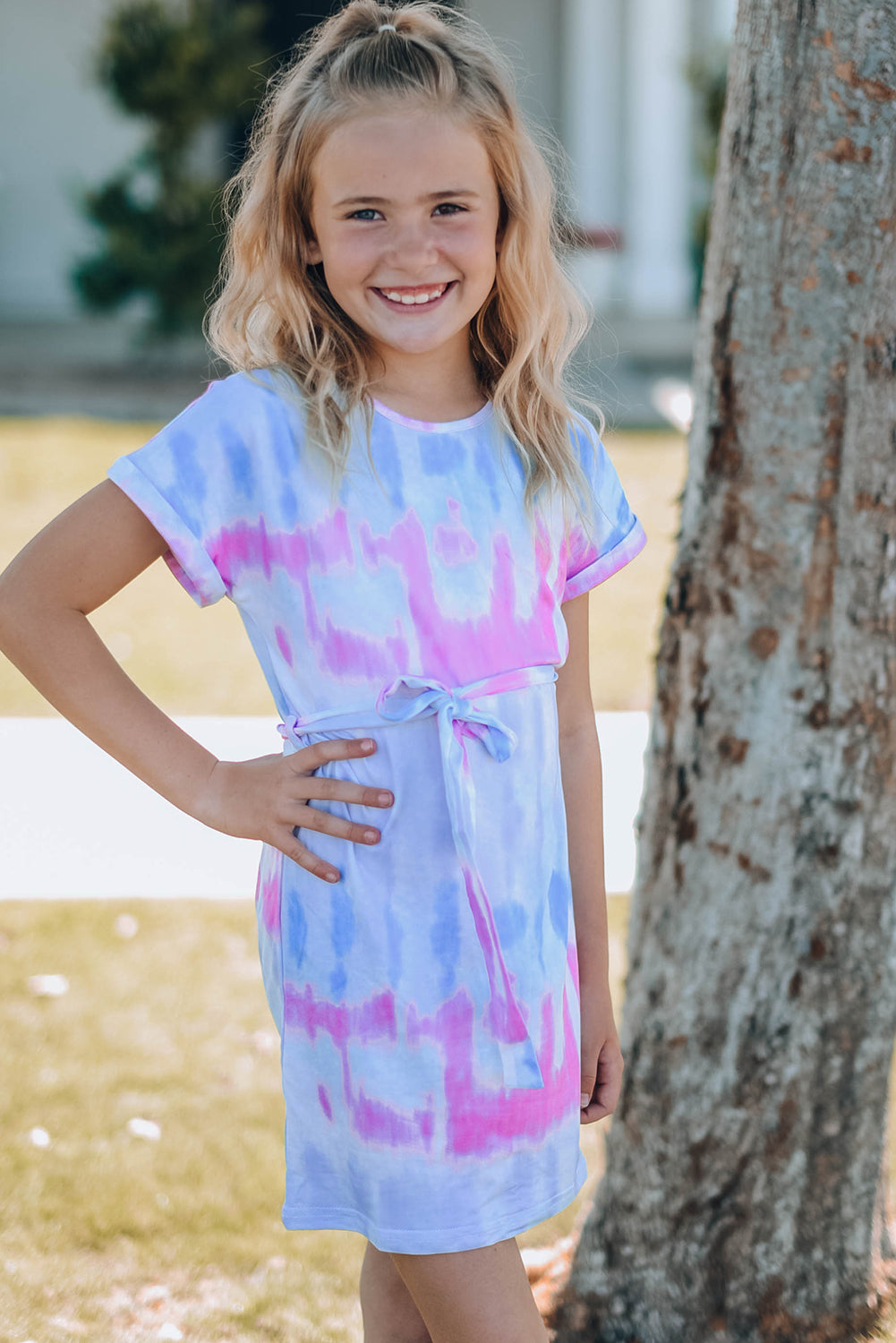 Girls Tie-Dye Belted T-Shirt Dress Girls Tie-Dye Belted T-Shirt Dress