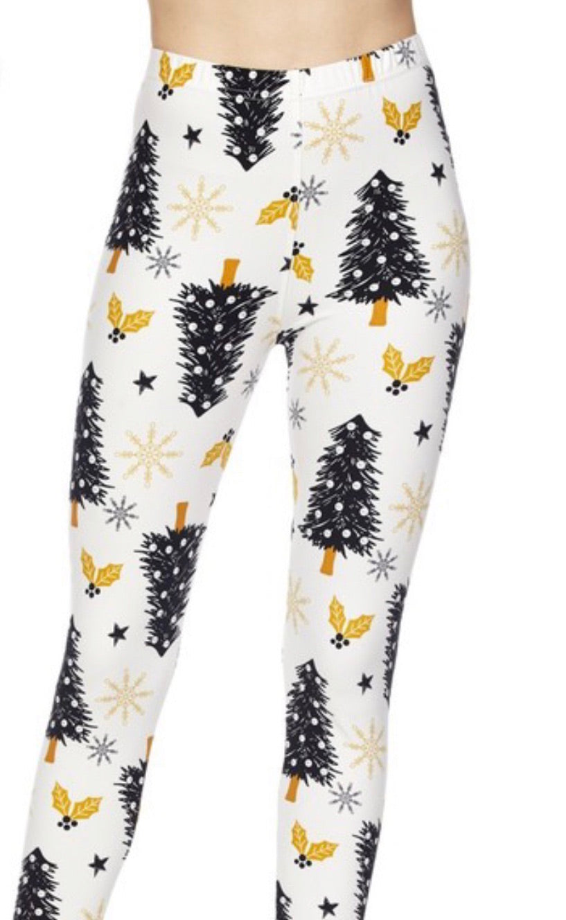 3X4X WHITE Christmas Tree PRINT Brushed Ankle PLUS SIZE Leggings