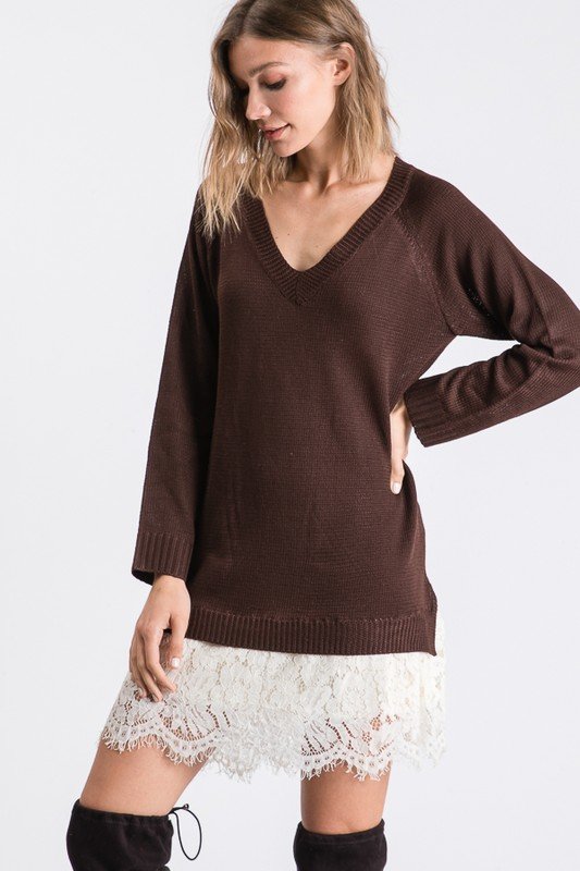 V NECK SWEATER DRESS WITH LACE HEM DETAIL - SMALL/MEDIUM / BROWN V NECK SWEATER DRESS WITH LACE HEM DETAIL - SMALL/MEDIUM / BROWN