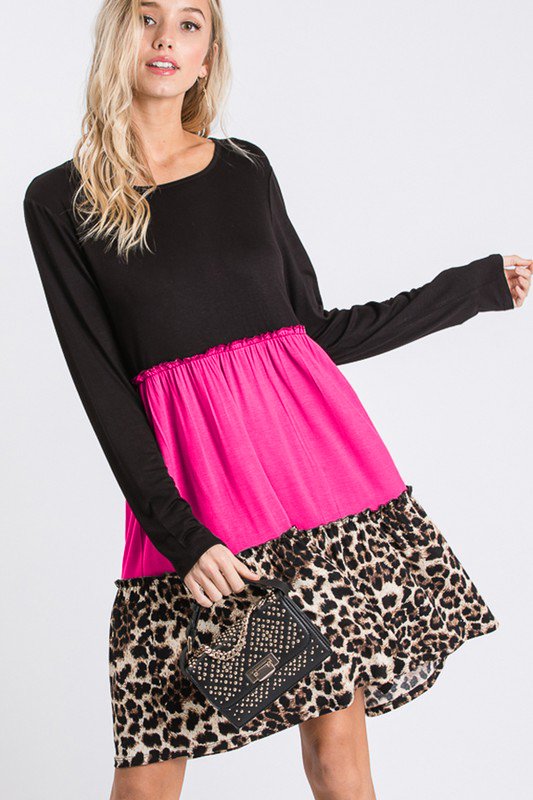 LONG SLEEVE ROUND NECK SOLID AND ANIMAL PRINT COLOR BLOCK DRESS WITH RUFFLED DETAIL