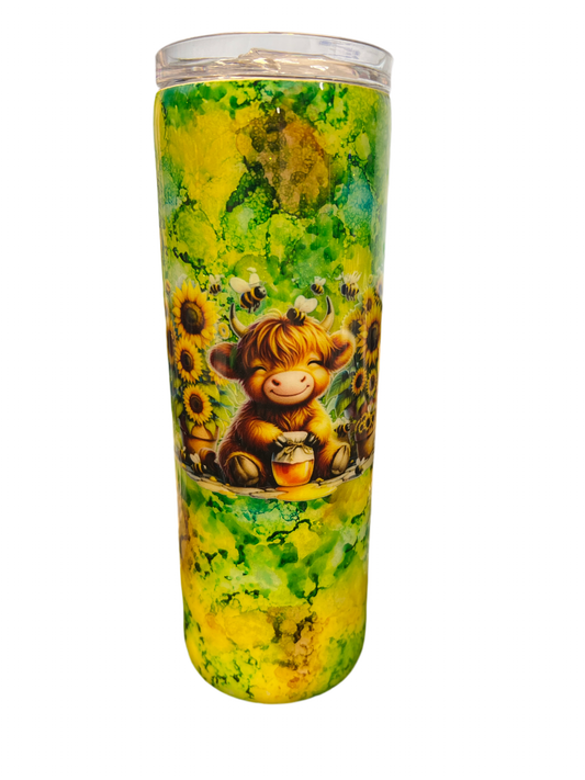 Custom Happy Sunflower Cow Stainless Skinny Tumbler w/Sliding Lid and Straw- 20 Oz