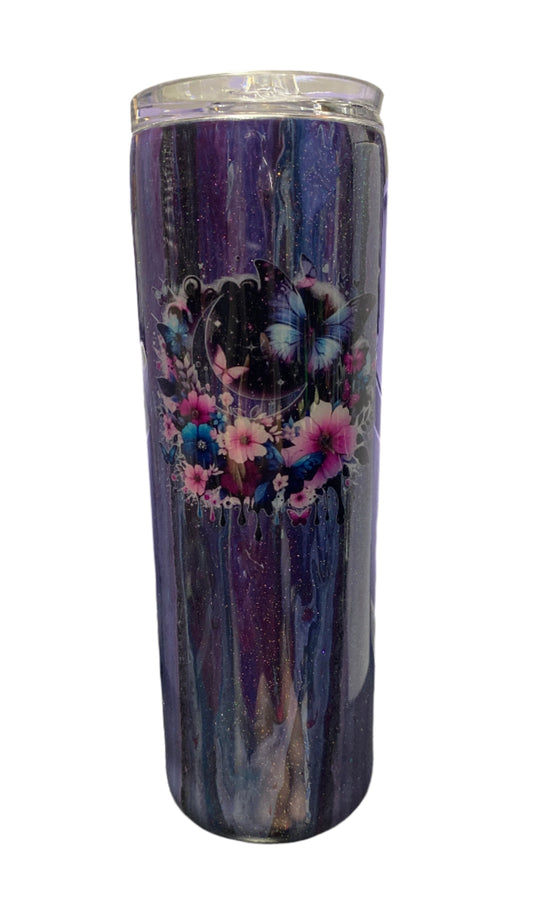 Custom Painted Black Moon Butterfly Stainless Skinny Tumbler w/Sliding Lid and Straw- 30 Oz