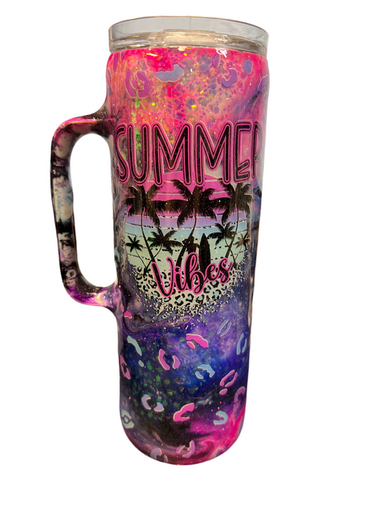 Custom Painted Summer Vibes Stainless Skinny Handle Tumbler w/Sliding Lid and Straw- 20 Oz