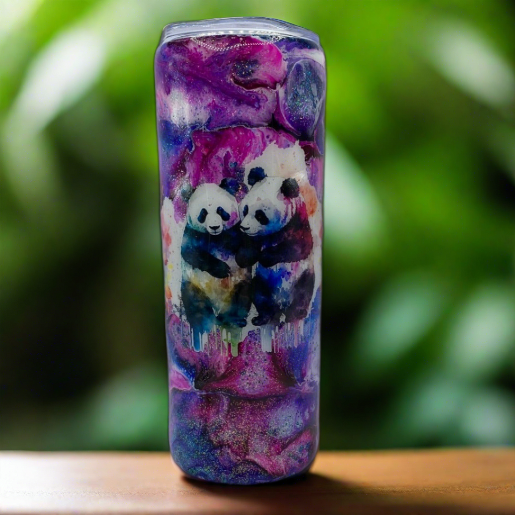 Custom Painted Purple Pandas Stainless Skinny Tumbler w/Sliding Lid and Straw- 20 Oz