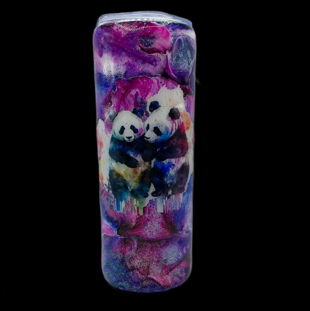 Custom Painted Purple Pandas Stainless Skinny Tumbler w/Sliding Lid and Straw- 20 Oz