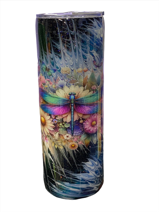 Custom Painted Swirl Glow Dragonfly Stainless Skinny Tumbler w/Sliding Lid and Straw- 20 Oz