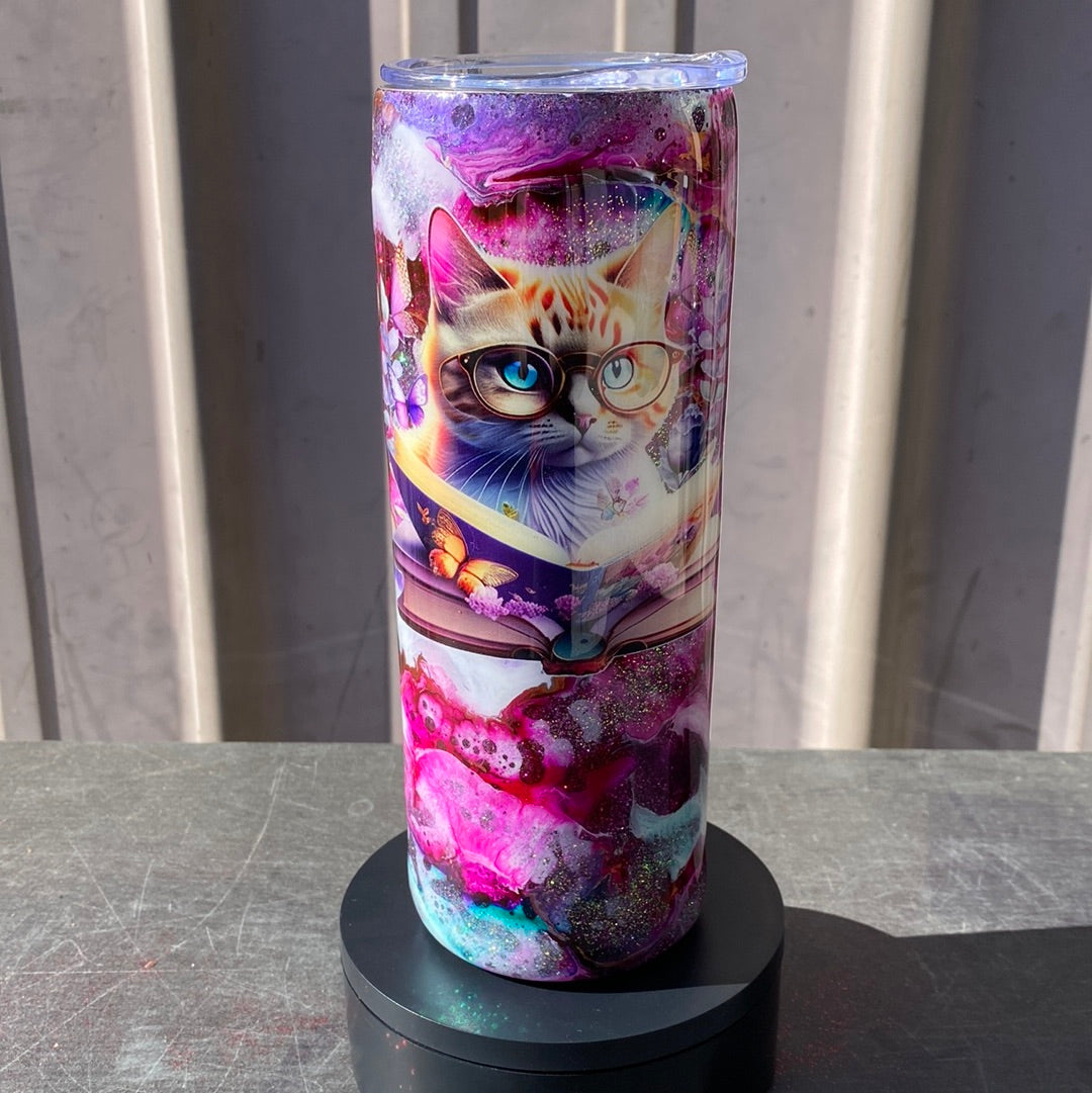 Custom Painted Reading Cat Stainless Skinny Tumbler w/Sliding Lid and Straw- 20 Oz