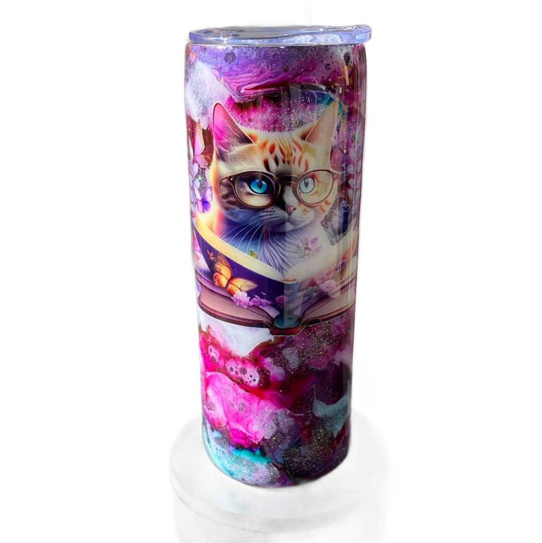 Custom Painted Reading Cat Stainless Skinny Tumbler w/Sliding Lid and Straw- 20 Oz