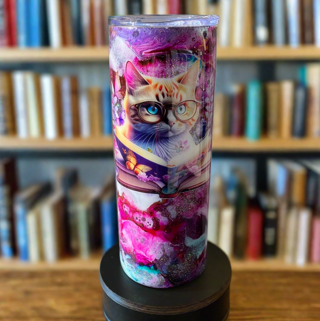 Custom Painted Reading Cat Stainless Skinny Tumbler w/Sliding Lid and Straw- 20 Oz