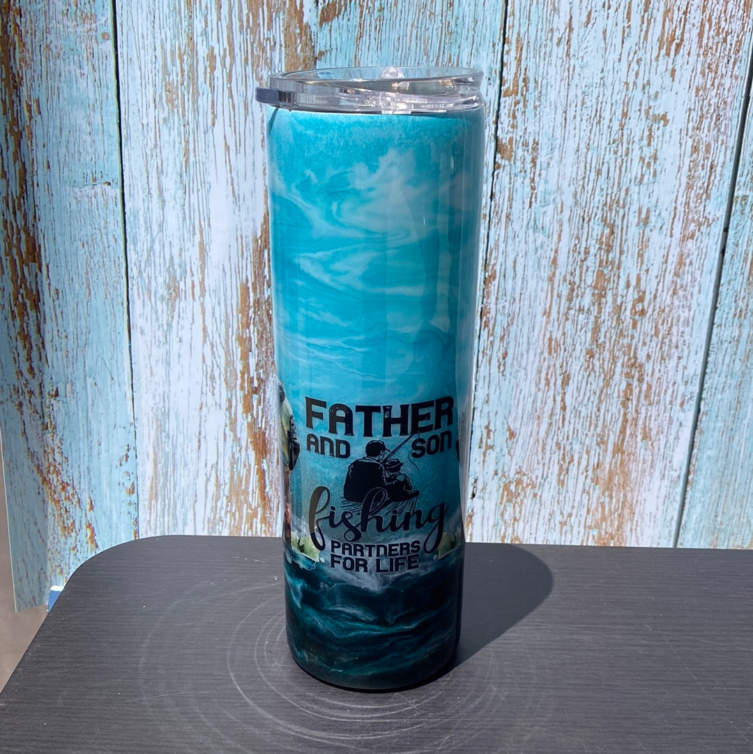 Custom Painted Blue Father Son Stainless Skinny Tumbler w/Sliding Lid and Straw- 30 Oz