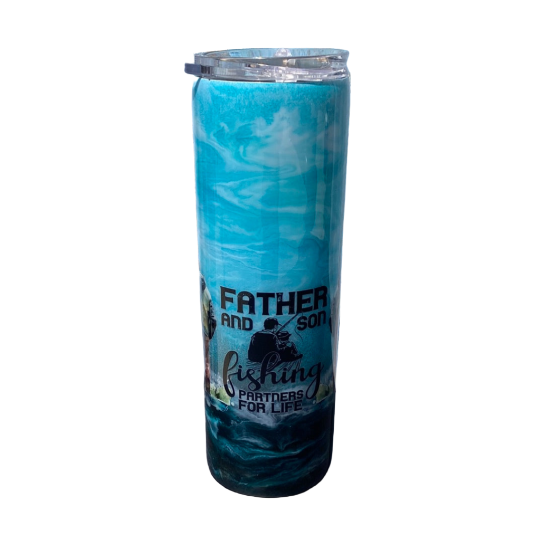 Custom Painted Blue Father Son Stainless Skinny Tumbler w/Sliding Lid and Straw- 30 Oz