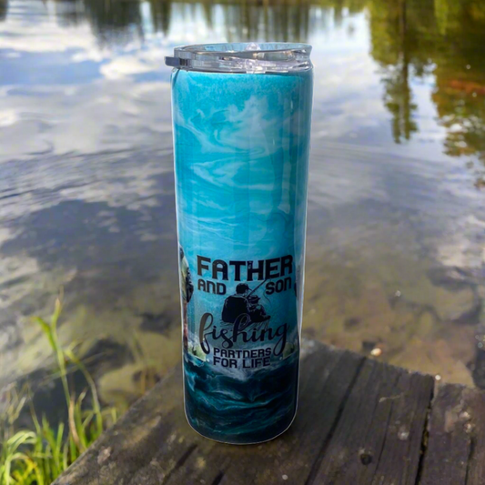 Custom Painted Blue Father Son Stainless Skinny Tumbler w/Sliding Lid and Straw- 30 Oz