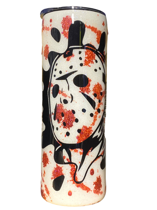 Custom Painted Halloween Hockey Mask Stainless Skinny Tumbler w/Sliding Lid and Straw- 20 Oz