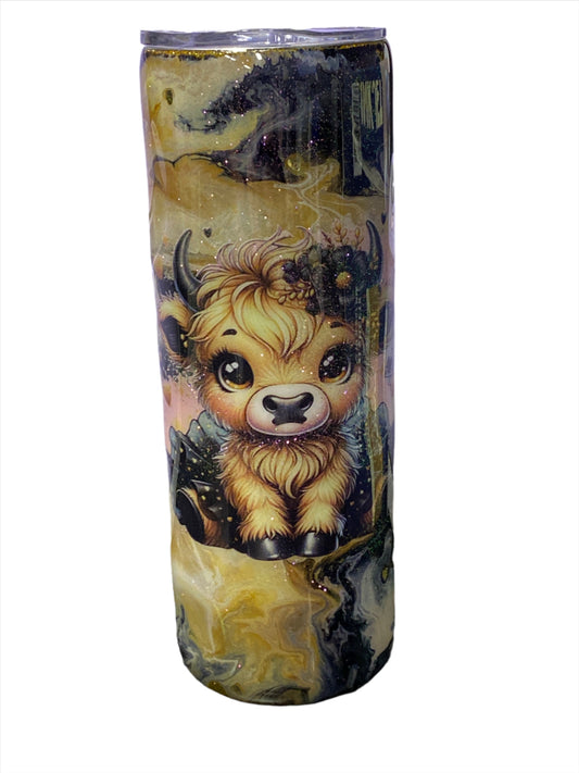 Custom Painted Iced Coffee Cow Stainless Skinny Tumbler w/Sliding Lid and Straw- 20 Oz