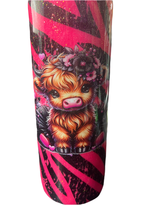 Custom Painted Pink Zebra Stainless Skinny Tumbler w/Sliding Lid and Straw- 20 Oz